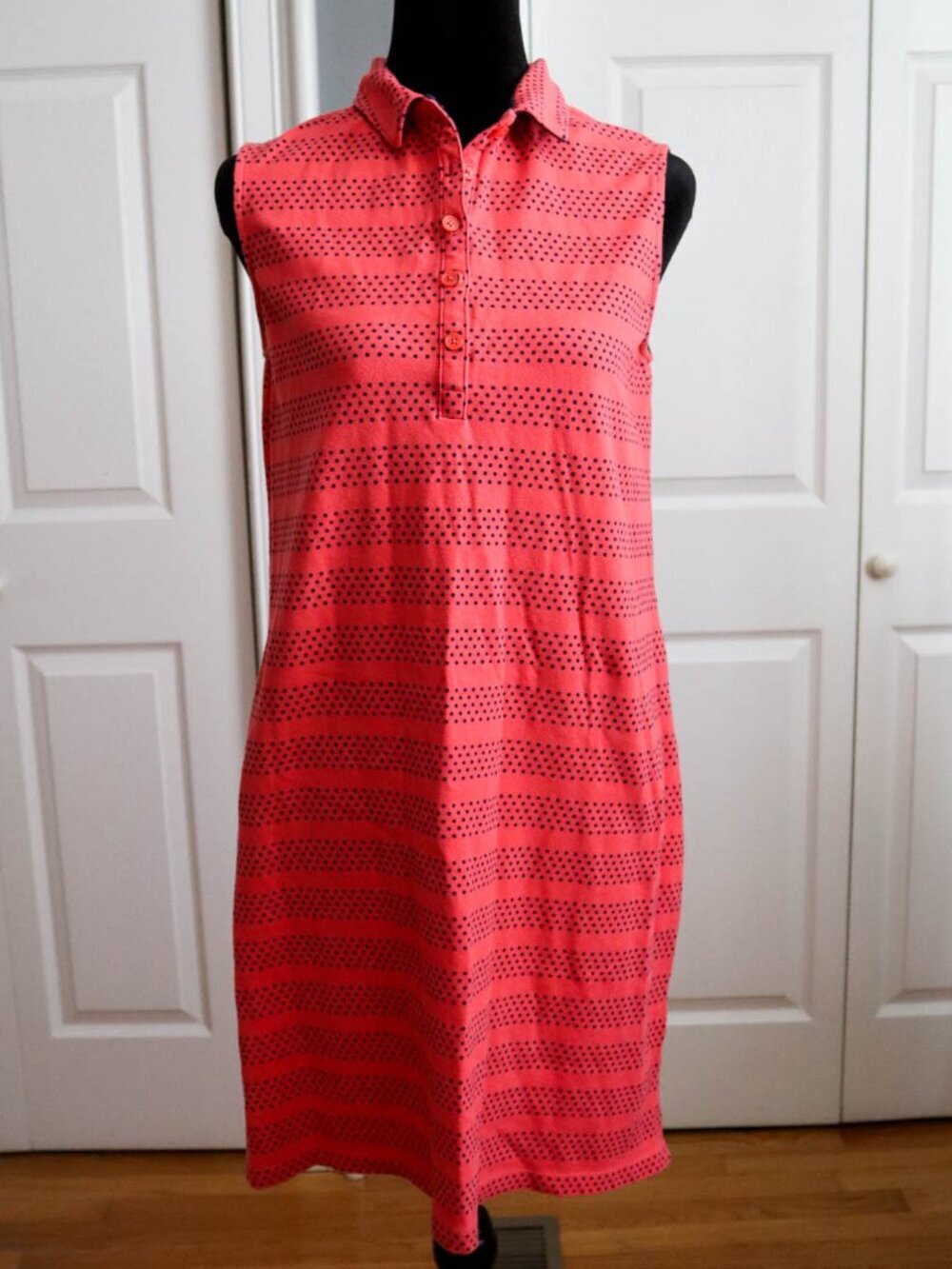 Lands' End Sleeveless Polo Midi Shift Dress Pink & Blue Polka Dot Sz M/P Coastal